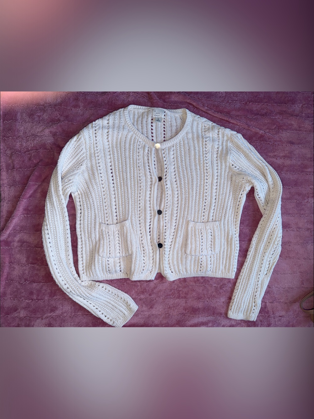 Womens White Open-Knit Button Cardigan Sweater